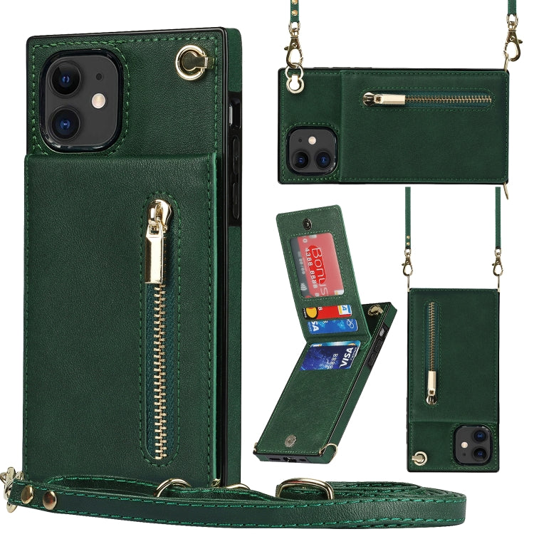 For iPhone 11 Cross-body Zipper Square TPU+PU Back Cover Case with Holder & Card Slots & Wallet & Strap (Green) - iPhone 11 Cases by buy2fix | Online Shopping UK | buy2fix