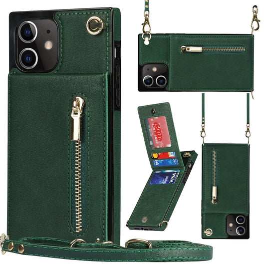 For iPhone 12 / 12 Pro Cross-body Zipper Square TPU+PU Back Cover Case with Holder & Card Slots & Wallet & Strap(Green) - iPhone 12 / 12 Pro Cases by buy2fix | Online Shopping UK | buy2fix