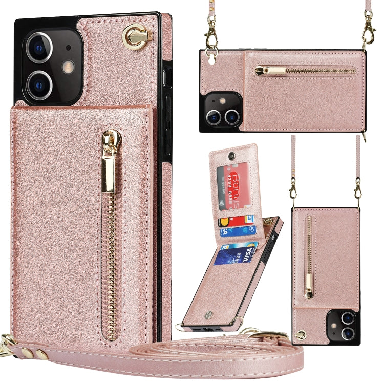 For iPhone 12 / 12 Pro Cross-body Zipper Square TPU+PU Back Cover Case with Holder & Card Slots & Wallet & Strap(Rose Gold) - iPhone 12 / 12 Pro Cases by buy2fix | Online Shopping UK | buy2fix