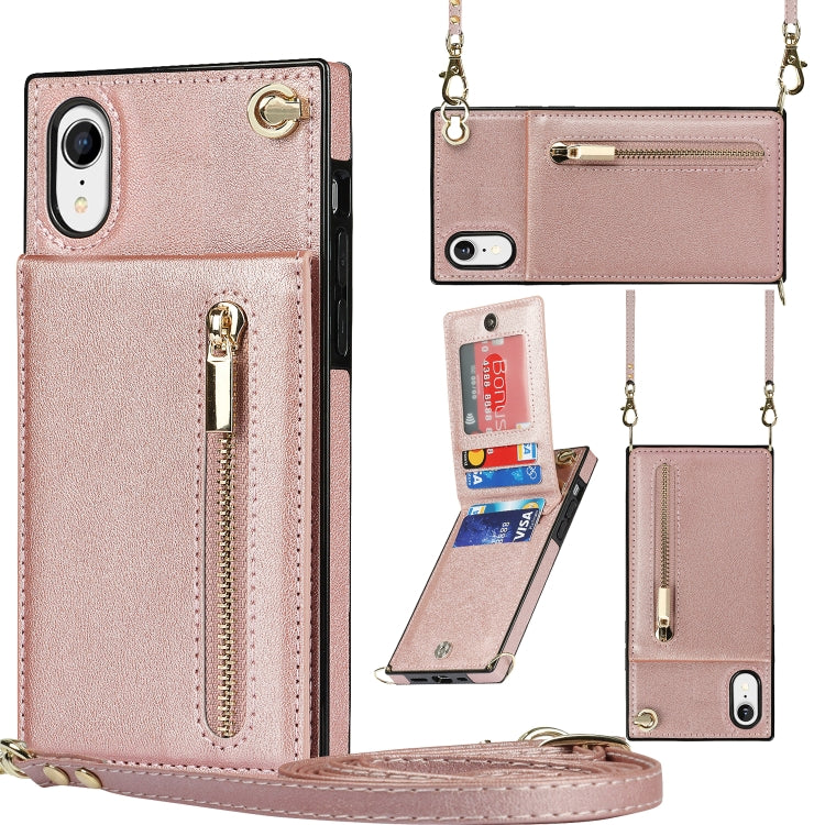 For iPhone XR Cross-body Zipper Square TPU+PU Back Cover Case with Holder & Card Slots & Wallet & Strap(Rose Gold) - More iPhone Cases by buy2fix | Online Shopping UK | buy2fix