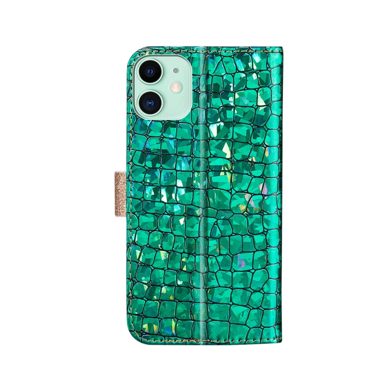 For iPhone 13 Laser Glitter Powder Matching Crocodile Texture Horizontal Flip Leather Case with Card Slots & Holder & Wallet(Green) - iPhone 13 Cases by buy2fix | Online Shopping UK | buy2fix