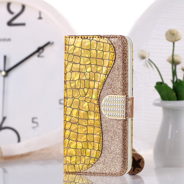 For iPhone 13 Laser Glitter Powder Matching Crocodile Texture Horizontal Flip Leather Case with Card Slots & Holder & Wallet(Gold) - iPhone 13 Cases by buy2fix | Online Shopping UK | buy2fix