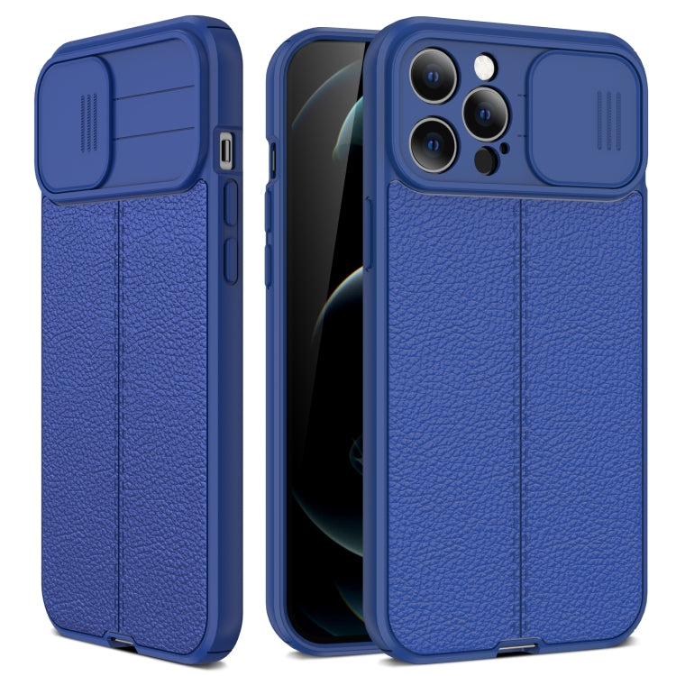 For iPhone 12 Litchi Texture Sliding Camshield TPU Protective Case(Blue) - iPhone 12 / 12 Pro Cases by buy2fix | Online Shopping UK | buy2fix