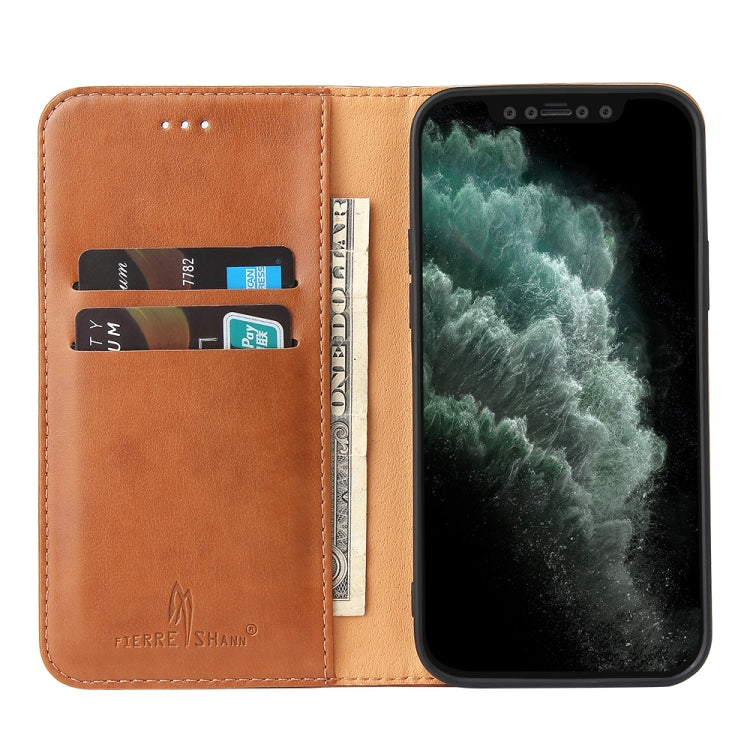 For iPhone 13 Fierre Shann PU Leather Texture Horizontal Flip Leather Case with Holder & Card Slots & Wallet(Brown) - iPhone 13 Cases by FIERRE SHANN | Online Shopping UK | buy2fix