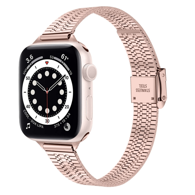 14mm Seven-beads Double Safety Buckle Slim Steel Watch Band For Apple Watch Ultra 49mm&Watch Ultra 2 49mm / Series 9&8&7 45mm / SE 3&SE 2&6&SE&5&4 44mm / 3&2&1 42mm(Pink Gold) - Watch Bands by buy2fix | Online Shopping UK | buy2fix