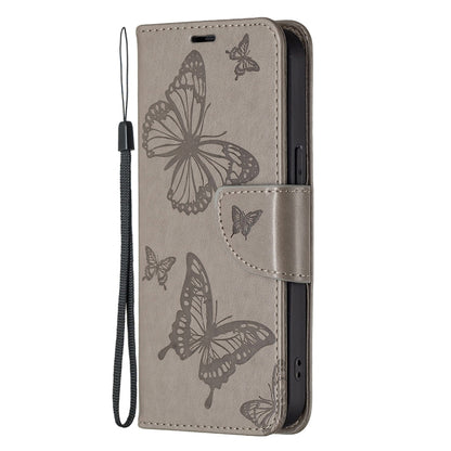 For iPhone 13 mini Embossing Two Butterflies Pattern Horizontal Flip PU Leather Case with Holder & Card Slot & Wallet & Lanyard (Grey) - iPhone 13 mini Cases by buy2fix | Online Shopping UK | buy2fix