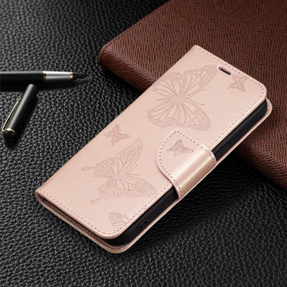 For iPhone 13 mini Embossing Two Butterflies Pattern Horizontal Flip PU Leather Case with Holder & Card Slot & Wallet & Lanyard (Rose Gold) - iPhone 13 mini Cases by buy2fix | Online Shopping UK | buy2fix