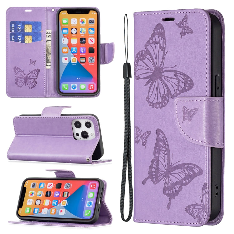 For iPhone 13 mini Embossing Two Butterflies Pattern Horizontal Flip PU Leather Case with Holder & Card Slot & Wallet & Lanyard (Purple) - iPhone 13 mini Cases by buy2fix | Online Shopping UK | buy2fix