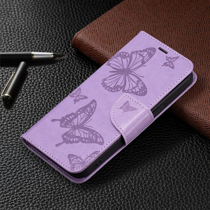 For iPhone 13 mini Embossing Two Butterflies Pattern Horizontal Flip PU Leather Case with Holder & Card Slot & Wallet & Lanyard (Purple) - iPhone 13 mini Cases by buy2fix | Online Shopping UK | buy2fix