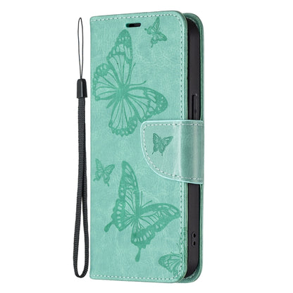 For iPhone 13 mini Embossing Two Butterflies Pattern Horizontal Flip PU Leather Case with Holder & Card Slot & Wallet & Lanyard (Green) - iPhone 13 mini Cases by buy2fix | Online Shopping UK | buy2fix