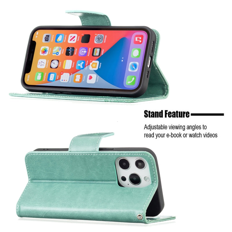 For iPhone 13 mini Embossing Two Butterflies Pattern Horizontal Flip PU Leather Case with Holder & Card Slot & Wallet & Lanyard (Green) - iPhone 13 mini Cases by buy2fix | Online Shopping UK | buy2fix