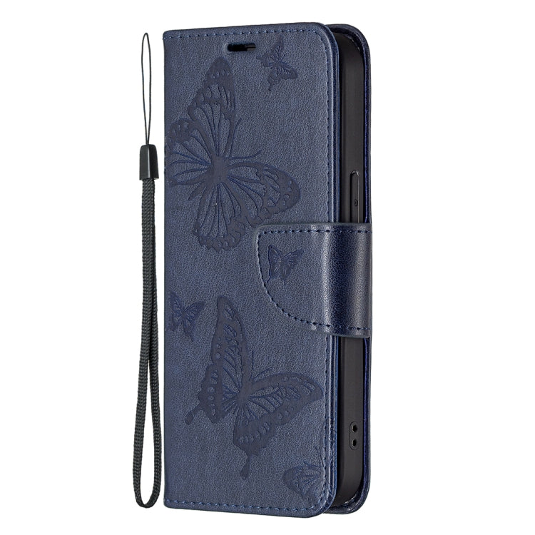 For iPhone 13 Embossing Two Butterflies Pattern Horizontal Flip PU Leather Case with Holder & Card Slot & Wallet & Lanyard(Blue) - iPhone 13 Cases by buy2fix | Online Shopping UK | buy2fix