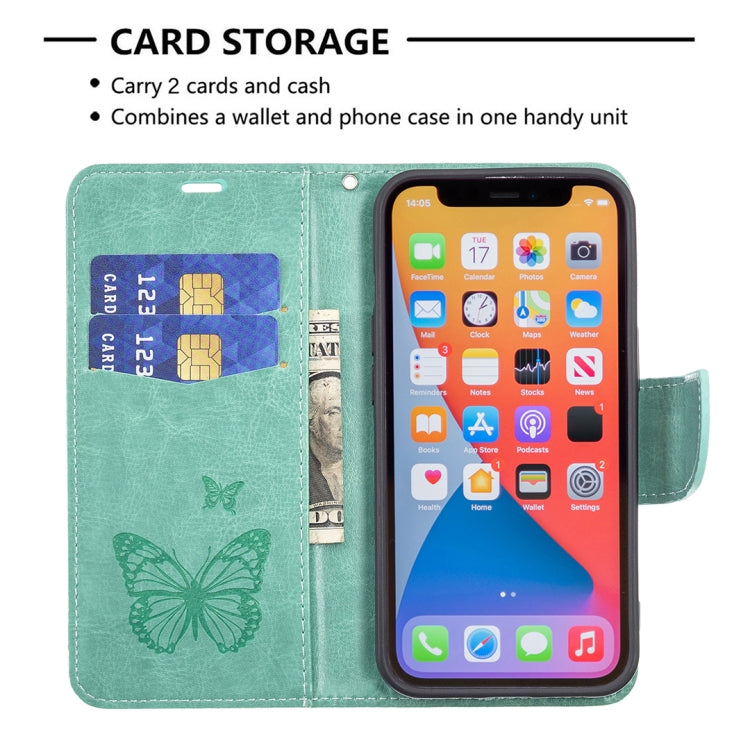 For iPhone 13 Embossing Two Butterflies Pattern Horizontal Flip PU Leather Case with Holder & Card Slot & Wallet & Lanyard(Green) - iPhone 13 Cases by buy2fix | Online Shopping UK | buy2fix