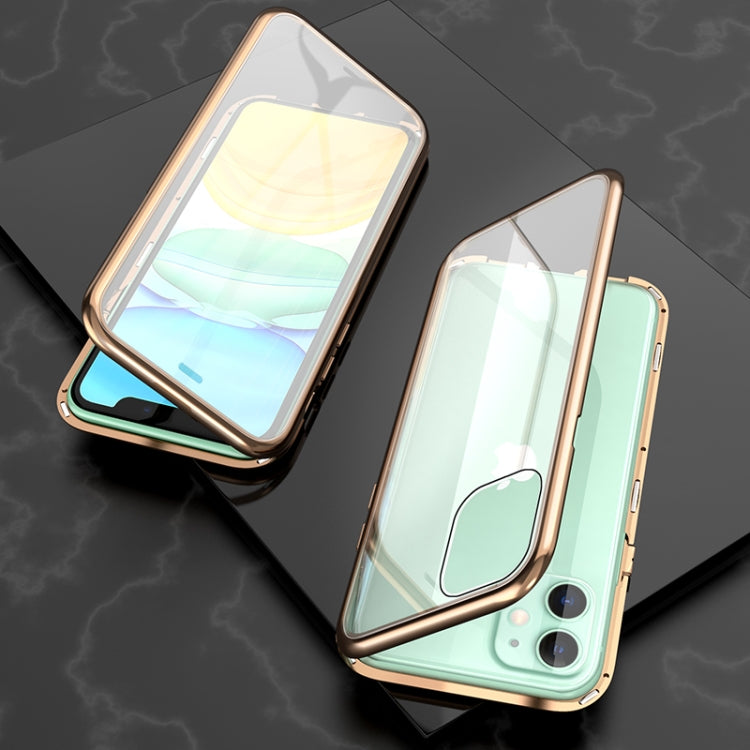 For iPhone 11 Ultra Slim Double Sides Magnetic Adsorption Angular Frame Tempered Glass Magnet Flip Case(Gold) - iPhone 11 Cases by buy2fix | Online Shopping UK | buy2fix