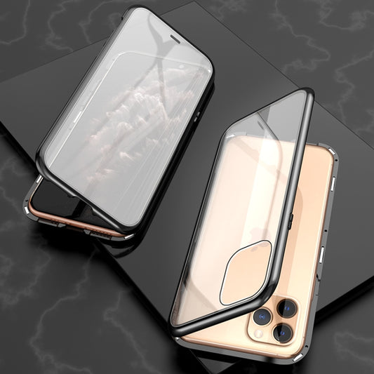 For iPhone 11 Pro Max Ultra Slim Double Sides Magnetic Adsorption Angular Frame Tempered Glass Magnet Flip Case(Black) - iPhone 11 Pro Max Cases by buy2fix | Online Shopping UK | buy2fix