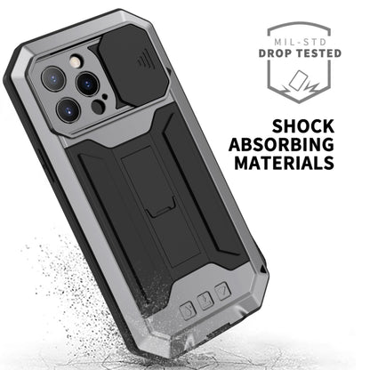 For iPhone 13 Pro Max R-JUST Sliding Camera Shockproof Life Waterproof Dust-proof Metal + Silicone Protective Case with Holder (Silver) - iPhone 13 Pro Max Cases by R-JUST | Online Shopping UK | buy2fix