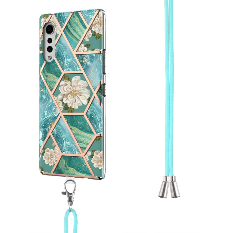 For LG Velvet 4G / Velvet 5G / G9 Electroplating Splicing Marble Flower Pattern TPU Shockproof Case with Lanyard(Blue Flower) - LG by buy2fix | Online Shopping UK | buy2fix