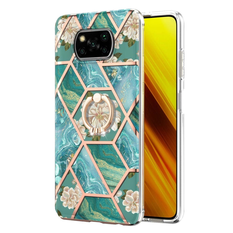 For Xiaomi Poco X3 NFC Electroplating Splicing Marble Flower Pattern TPU Shockproof Case with Rhinestone Ring Holder(Blue Flower) - Xiaomi Cases by buy2fix | Online Shopping UK | buy2fix