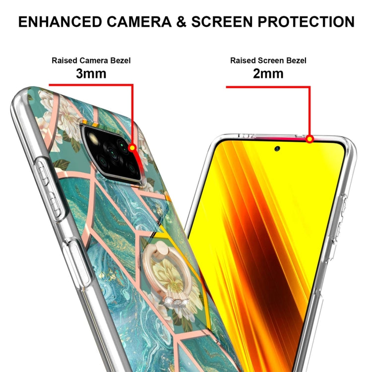 For Xiaomi Poco X3 NFC Electroplating Splicing Marble Flower Pattern TPU Shockproof Case with Rhinestone Ring Holder(Blue Flower) - Xiaomi Cases by buy2fix | Online Shopping UK | buy2fix