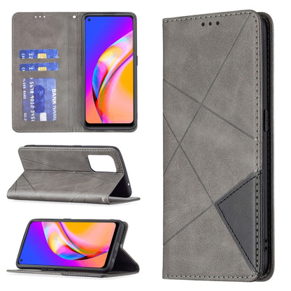 For OPPO A94 5G / F19 Pro Plus / Reno5 Z 5G Rhombus Texture Horizontal Flip Magnetic Leather Case with Holder & Card Slots(Grey) - OPPO Cases by buy2fix | Online Shopping UK | buy2fix