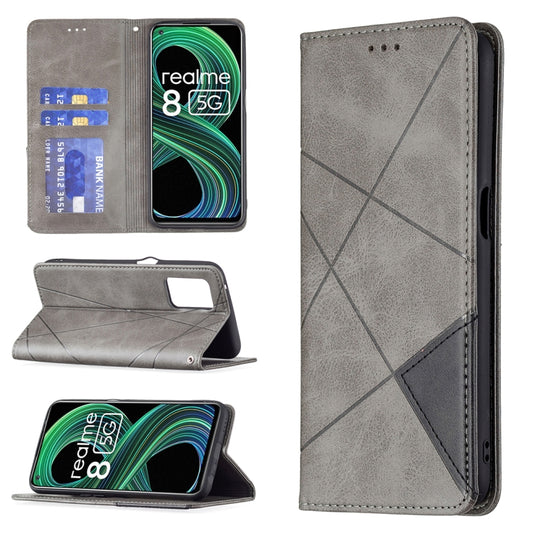 For OPPO Realme 8 5G / V13 Rhombus Texture Horizontal Flip Magnetic Leather Case with Holder & Card Slots(Grey) - Realme Cases by buy2fix | Online Shopping UK | buy2fix