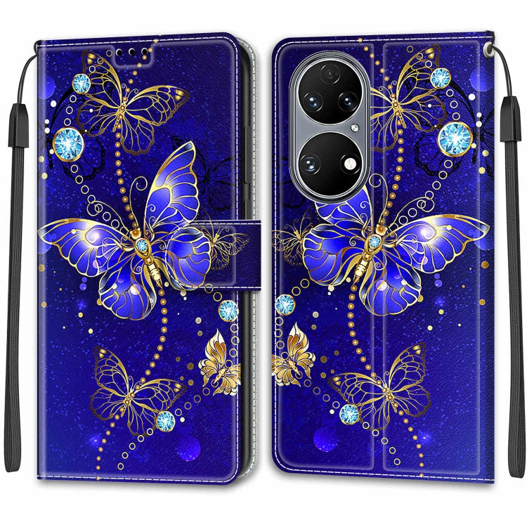 Voltage Coloured Drawing Magnetic Clasp Horizontal Flip PU Leather Case with Holder & Card Slots For Huawei P50(C11 Blue Golden Chain Butterflies) - Huawei Cases by buy2fix | Online Shopping UK | buy2fix