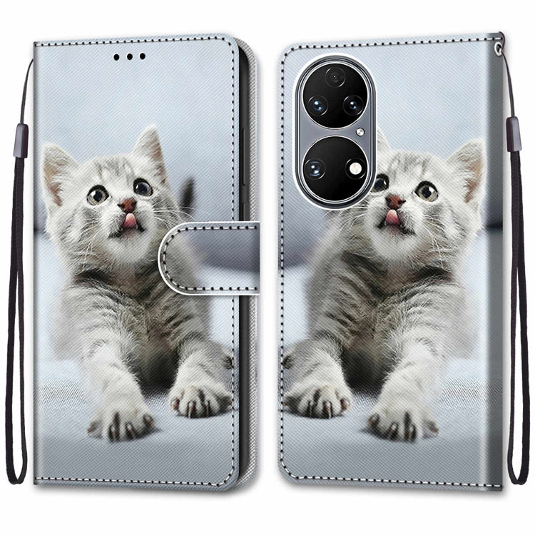 For Huawei P50 Coloured Drawing Cross Texture Horizontal Flip PU Leather Case with Holder & Card Slots & Wallet & Lanyard(Small Gray Cat) - Huawei Cases by buy2fix | Online Shopping UK | buy2fix