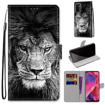 For OPPO A93 5G / A93s 5G / A54 5G / A74 5G Coloured Drawing Cross Texture Horizontal Flip PU Leather Case with Holder & Card Slots & Wallet & Lanyard(Black White Lion Head) - OPPO Cases by buy2fix | Online Shopping UK | buy2fix