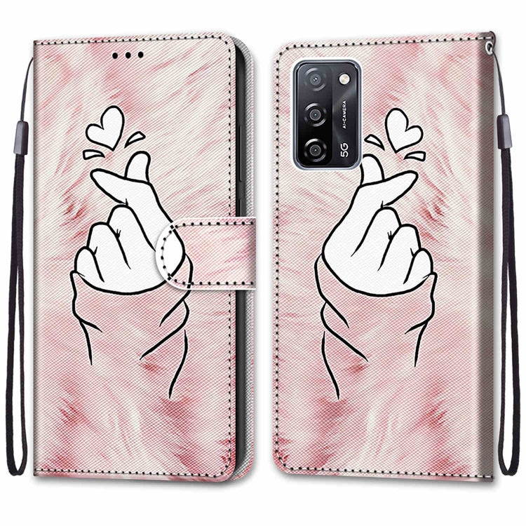 For OPPO A54 4G / A16 4G / A53s 5G / A55 5G Coloured Drawing Cross Texture Horizontal Flip PU Leather Case with Holder & Card Slots & Wallet & Lanyard(Pink Hands Heart) - OPPO Cases by buy2fix | Online Shopping UK | buy2fix