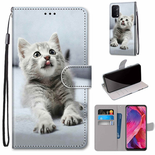 For OPPO A54 5G / A74 5G / A93 5G / A93s 5G Coloured Drawing Cross Texture Horizontal Flip PU Leather Case with Holder & Card Slots & Wallet & Lanyard(Small Gray Cat) - OPPO Cases by buy2fix | Online Shopping UK | buy2fix