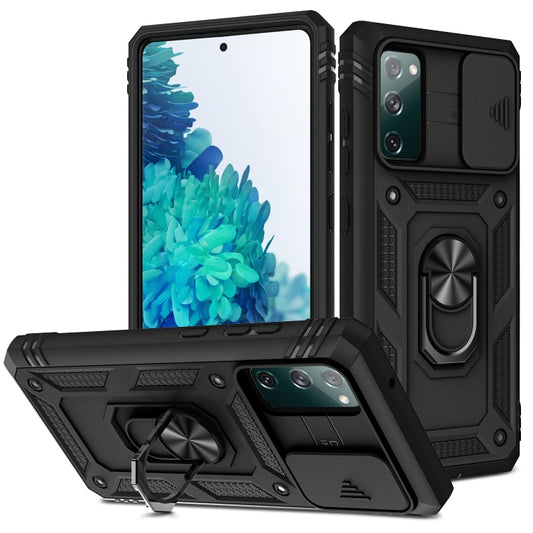 For Samsung Galaxy S20 FE Sliding Camera Cover Design TPU + PC Protective Case with 360 Degree Rotating Holder & Card Slot(Black+Black) - Galaxy S20 FE Cases by buy2fix | Online Shopping UK | buy2fix