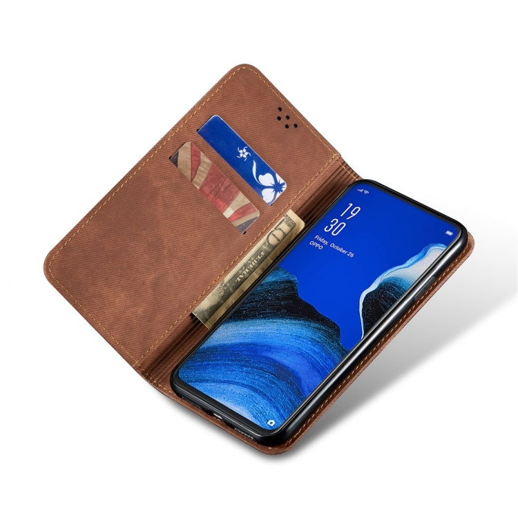 For OPPO Reno 2 Denim Texture Casual Style Horizontal Flip Leather Case with Holder & Card Slots & Wallet(Brown) - OPPO Cases by buy2fix | Online Shopping UK | buy2fix