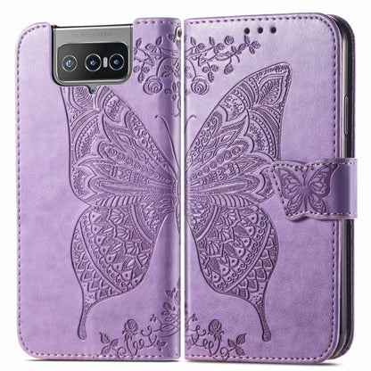 For Asus Zenfone 8 Flip Butterfly Love Flower Embossed Horizontal Flip Leather Case with Holder & Card Slots & Wallet & Lanyard(Light Purple) - ASUS Cases by buy2fix | Online Shopping UK | buy2fix