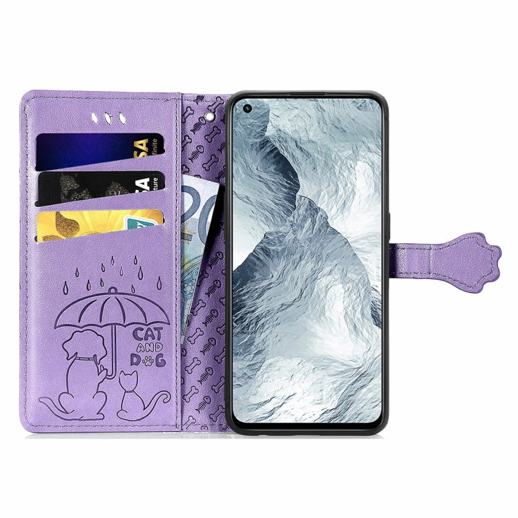 For OPPO Realme GT Master Lovely Cat and Dog Embossing Pattern Horizontal Flip Leather Case , with Holder & Card Slots & Wallet & Cartoon Clasp & Lanyard(Purple) - Realme Cases by buy2fix | Online Shopping UK | buy2fix