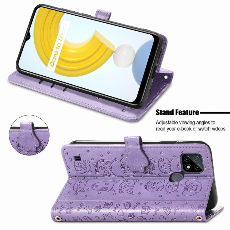 For OPPO Realme C21Y Cat and Dog Embossed Horizontal Flip Phone Leather Case with Holder & Card Slot & Wallet & Lanyard(Purple) - Realme Cases by buy2fix | Online Shopping UK | buy2fix