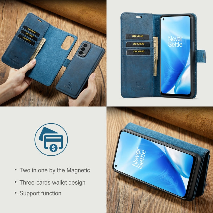 For OnePlus Nord 2 5G DG.MING Crazy Horse Texture Flip Detachable Magnetic Leather Case with Holder & Card Slots & Wallet(Blue) - OnePlus Cases by DG.MING | Online Shopping UK | buy2fix