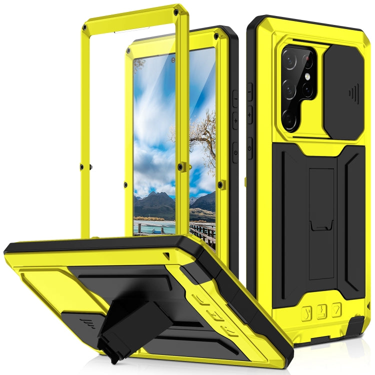 For Samsung Galaxy S22 Ultra 5G R-JUST Sliding Camera Metal + Silicone Holder Phone Case(Yellow) - Galaxy S22 Ultra 5G Cases by R-JUST | Online Shopping UK | buy2fix