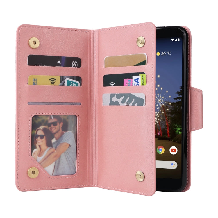 For Google Pixel 3A XL Rivet Buckle 9 Cards Three Fold Leather Phone Case(Rose Gold) - Google Cases by buy2fix | Online Shopping UK | buy2fix