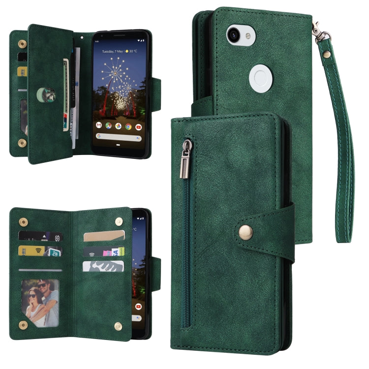 For Google Pixel 3A XL Rivet Buckle 9 Cards Three Fold Leather Phone Case(Green) - Google Cases by buy2fix | Online Shopping UK | buy2fix