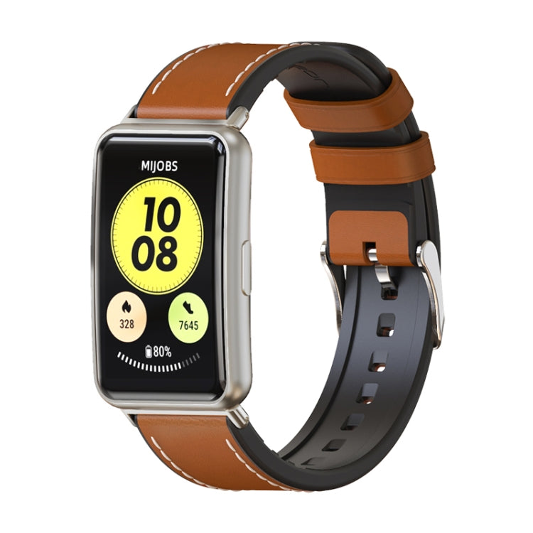 For Huawei Watch Fit Mijobs Cowhide Leather Watch Band(Brown+Silver) - Watch Bands by MIJOBS | Online Shopping UK | buy2fix