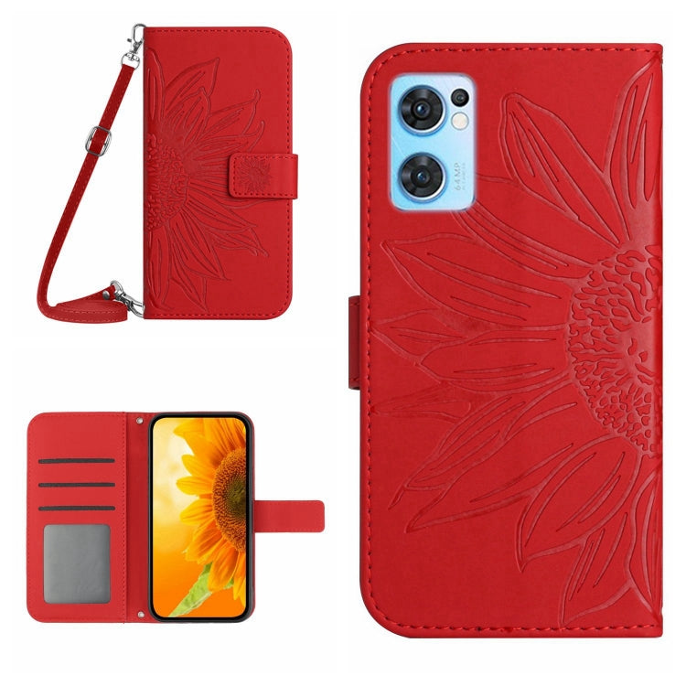 For OPPO Reno7 5G/Find X5 Lite Skin Feel Sun Flower Pattern Flip Leather Phone Case with Lanyard(Red) - OPPO Cases by buy2fix | Online Shopping UK | buy2fix