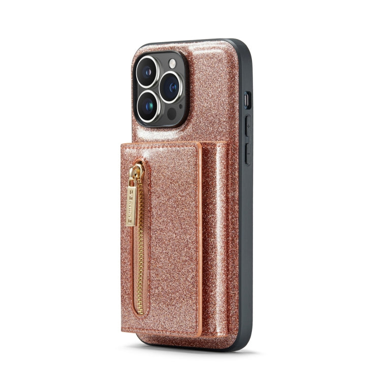 For iPhone 14 Pro DG.MING M3 Series Glitter Powder Card Bag Leather Case(Rose Gold) - iPhone 14 Pro Cases by DG.MING | Online Shopping UK | buy2fix