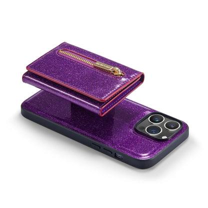 For iPhone 14 Pro DG.MING M3 Series Glitter Powder Card Bag Leather Case(Dark Purple) - iPhone 14 Pro Cases by DG.MING | Online Shopping UK | buy2fix