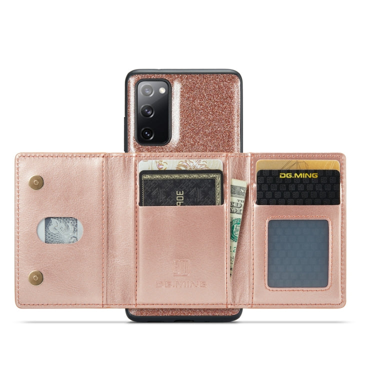 For Samsung Galaxy S20 FE DG.MING M3 Series Glitter Powder Card Bag Leather Case(Rose Gold) - Galaxy Phone Cases by DG.MING | Online Shopping UK | buy2fix