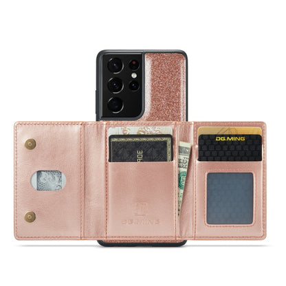 For Samsung Galaxy S21 Ultra 5G DG.MING M3 Series Glitter Powder Card Bag Leather Case(Rose Gold) - Galaxy Phone Cases by DG.MING | Online Shopping UK | buy2fix