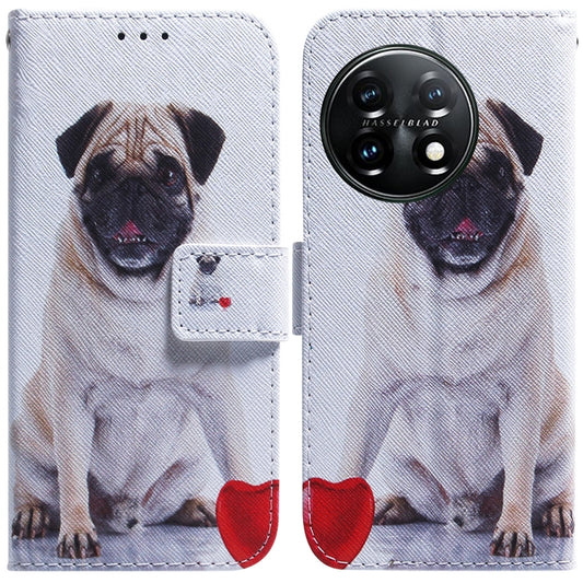 For OnePlus 11 Coloured Drawing Flip Leather Phone Case(Pug) - OnePlus Cases by buy2fix | Online Shopping UK | buy2fix