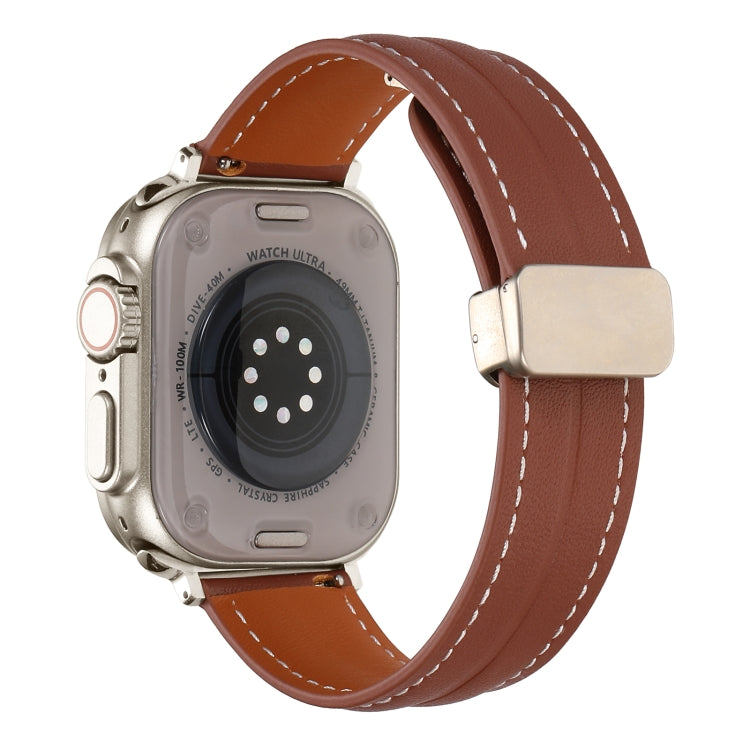 Folding Buckle Grooved Genuine Leather Watch Band For Apple Watch Series 8&7 41mm / SE 2&6&SE&5&4 40mm / 3&2&1 38mm(Brown) - Watch Bands by buy2fix | Online Shopping UK | buy2fix