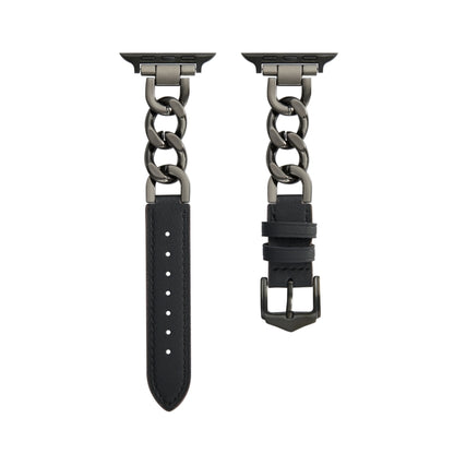 Chain + Leather Watch Band For Apple Watch Series 9&8&7 41mm / SE 3&SE 2&6&SE&5&4 40mm / 3&2&1 38mm (Black+Black) - Watch Bands by buy2fix | Online Shopping UK | buy2fix