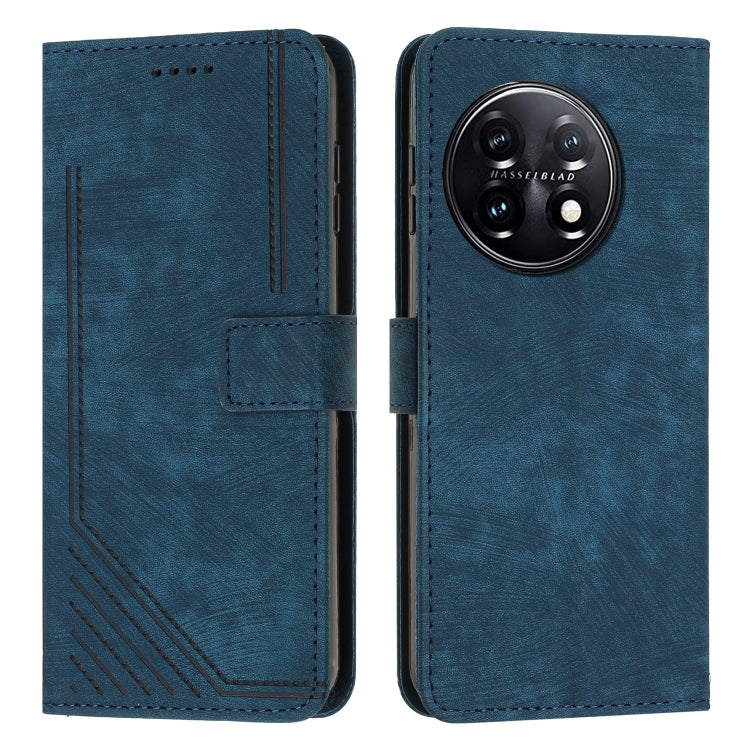 For OnePlus 11 Skin Feel Stripe Pattern Leather Phone Case with Lanyard(Blue) - OnePlus Cases by buy2fix | Online Shopping UK | buy2fix