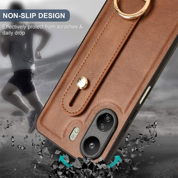 For Xiaomi Redmi 13C 4G/Poco C65 Wristband Leather Back Phone Case(Brown) - 13C Cases by buy2fix | Online Shopping UK | buy2fix